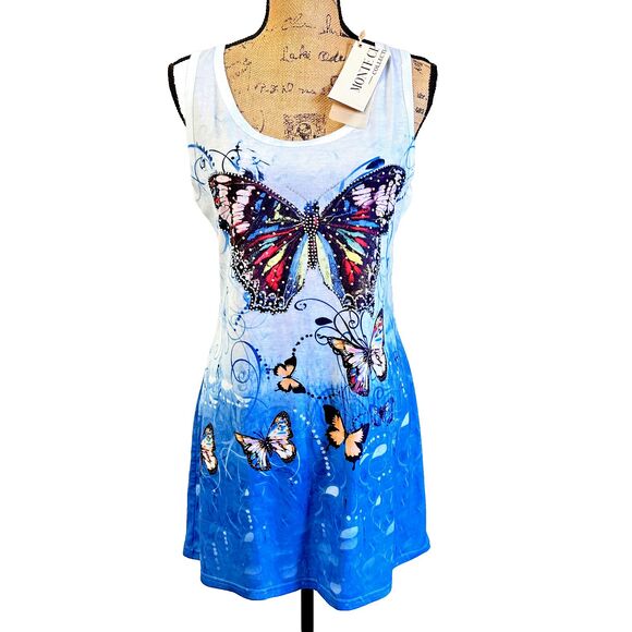 Monte Cervino Women's  Blue Butterfly Print Mini Lace Back Dress Tunic Sz L/XL - Picture 1 of 11